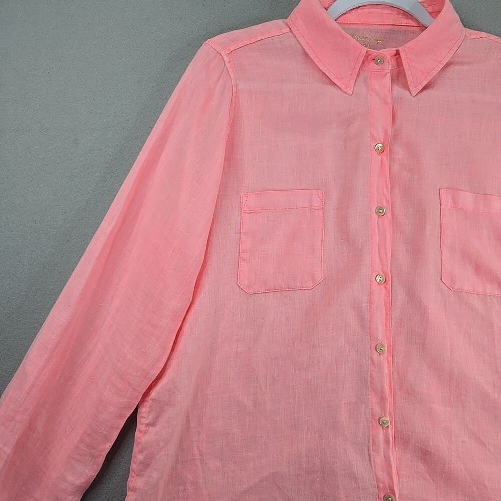 Lilly Pulitzer Sea View 100% Linen Button Down Blouse Shirt Pale Pink/Peach Sz M - Picture 7 of 11